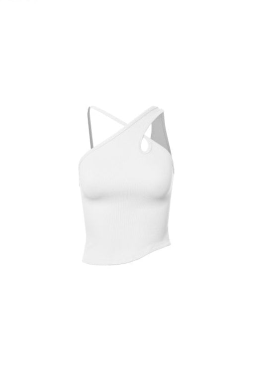 White crop top with thin straps on a white background