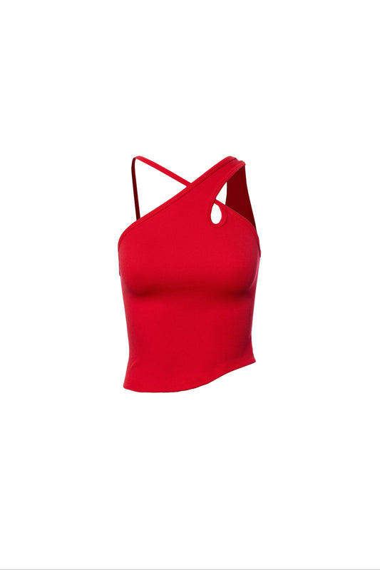 Red tank top with thin straps on a white background