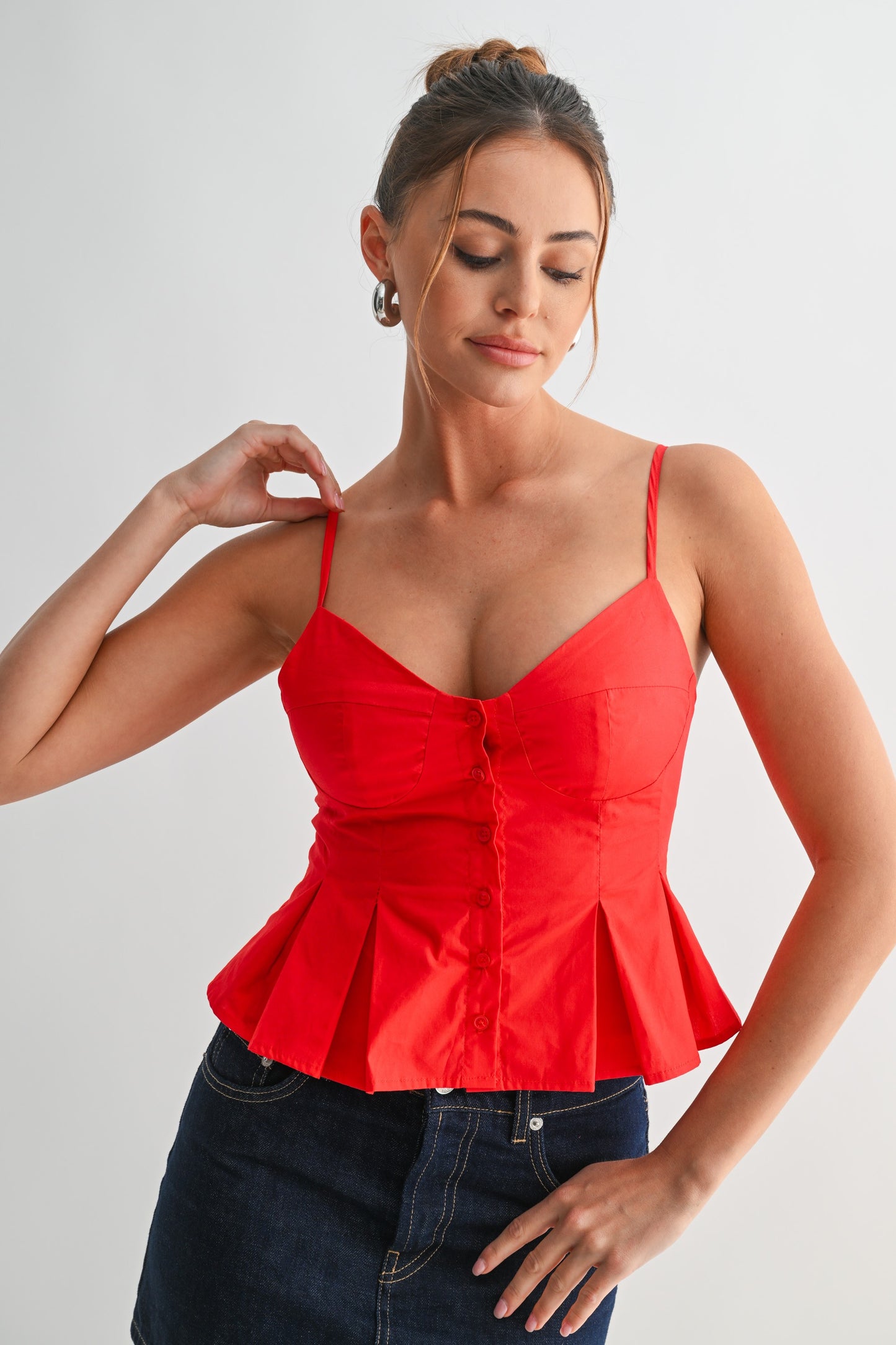 Red Pleated Charm Bustier Top