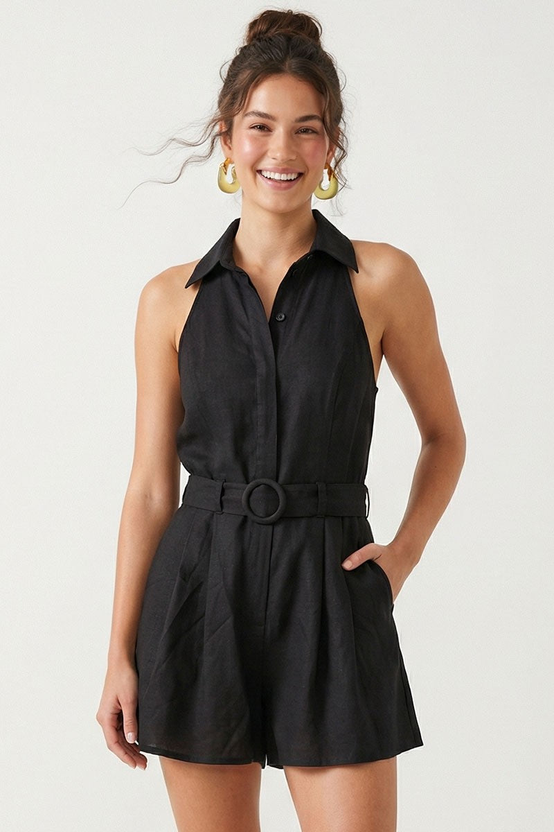 Black Belted Linen Halter Romper