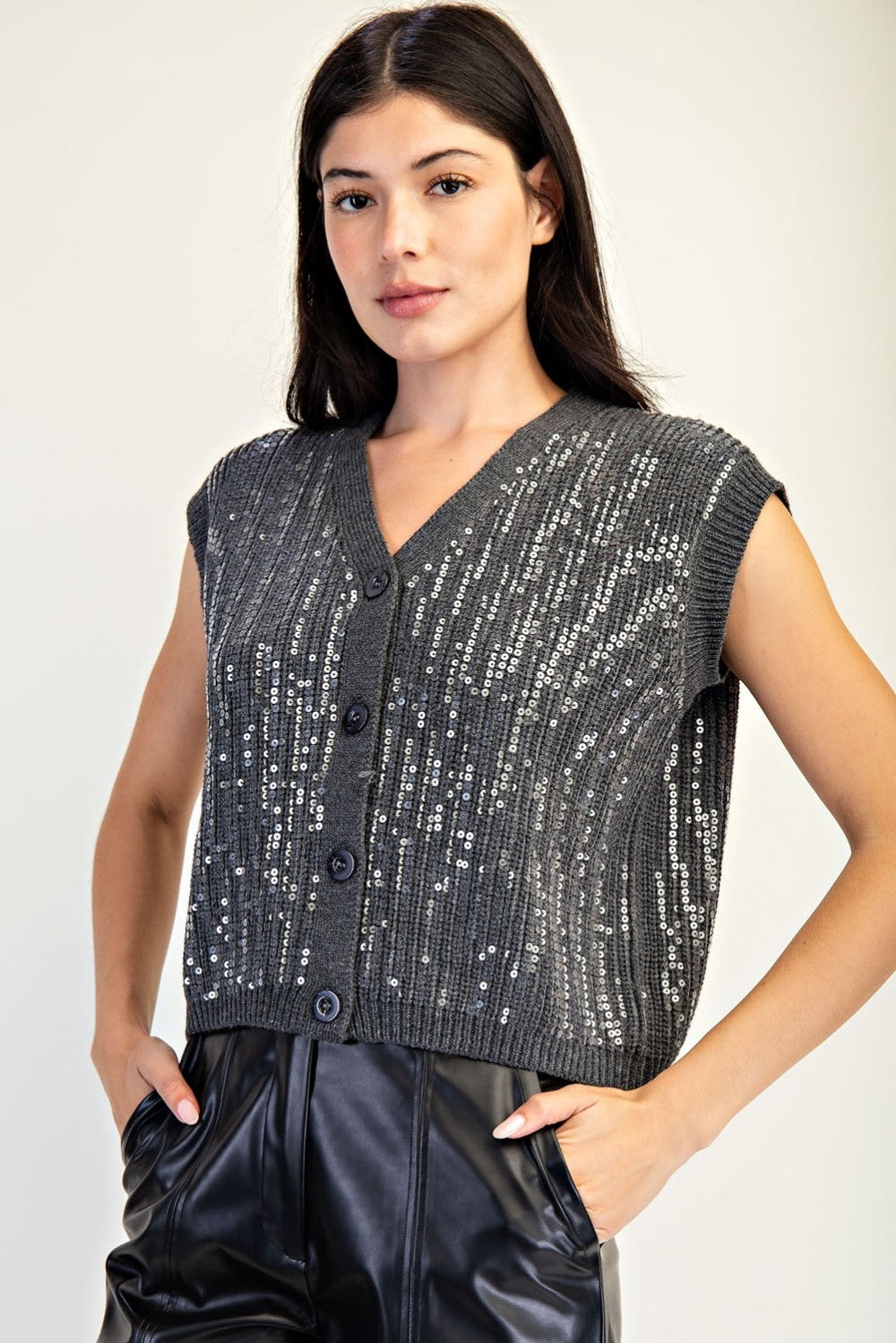 Taylor Sequin Sweater Vest Charcoal