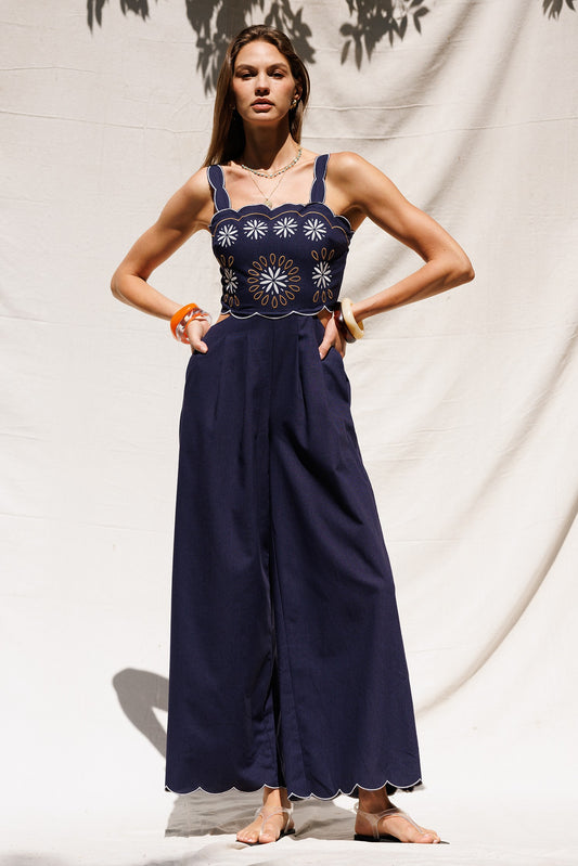 Navy Embroidered Cutout Back Jumpsuit