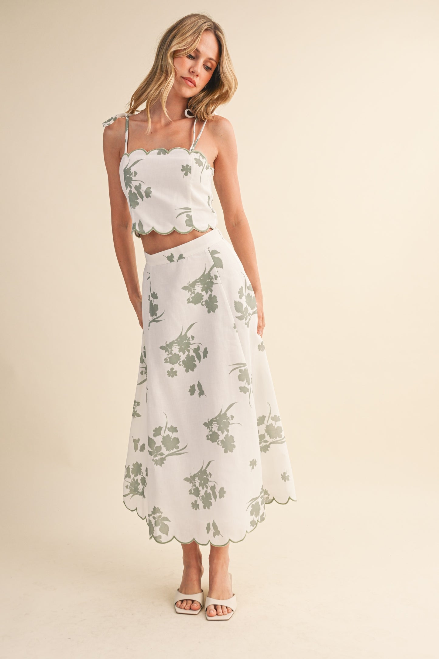 Floral Scalloped Crop Top And Midi Skirt Set
