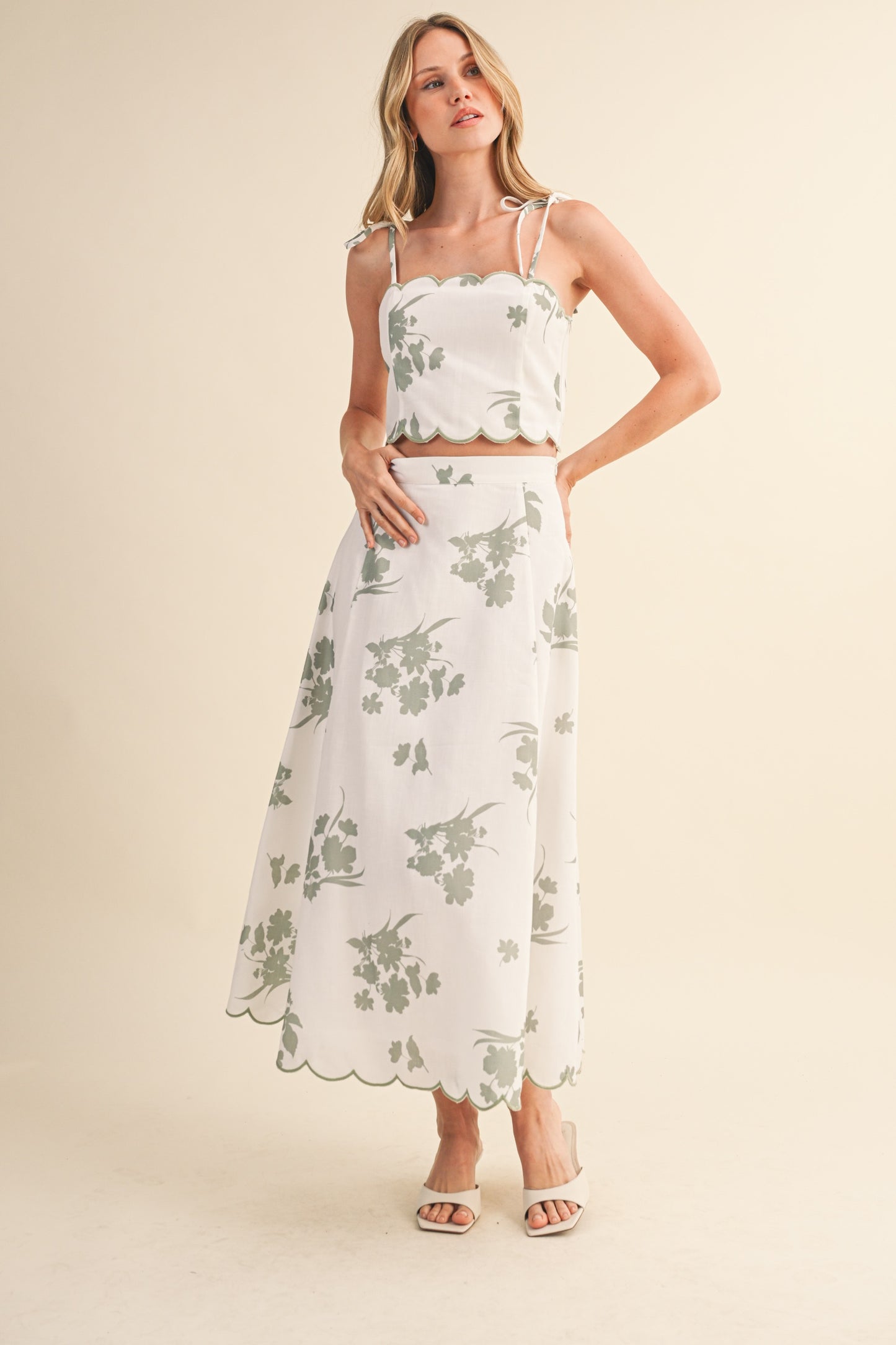 Floral Scalloped Crop Top And Midi Skirt Set