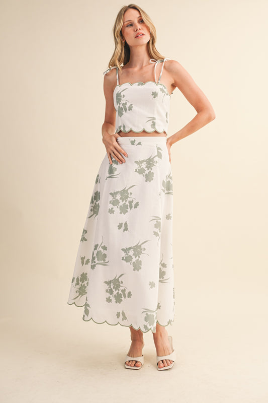 Floral Scalloped Crop Top And Midi Skirt Set