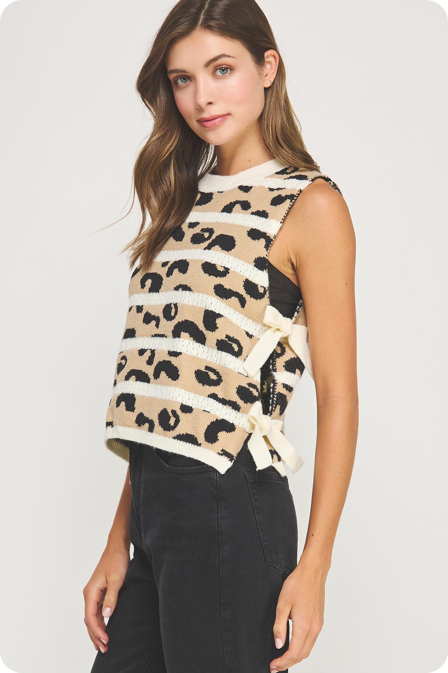 Animal Striped Side Bow Detail Knit Top