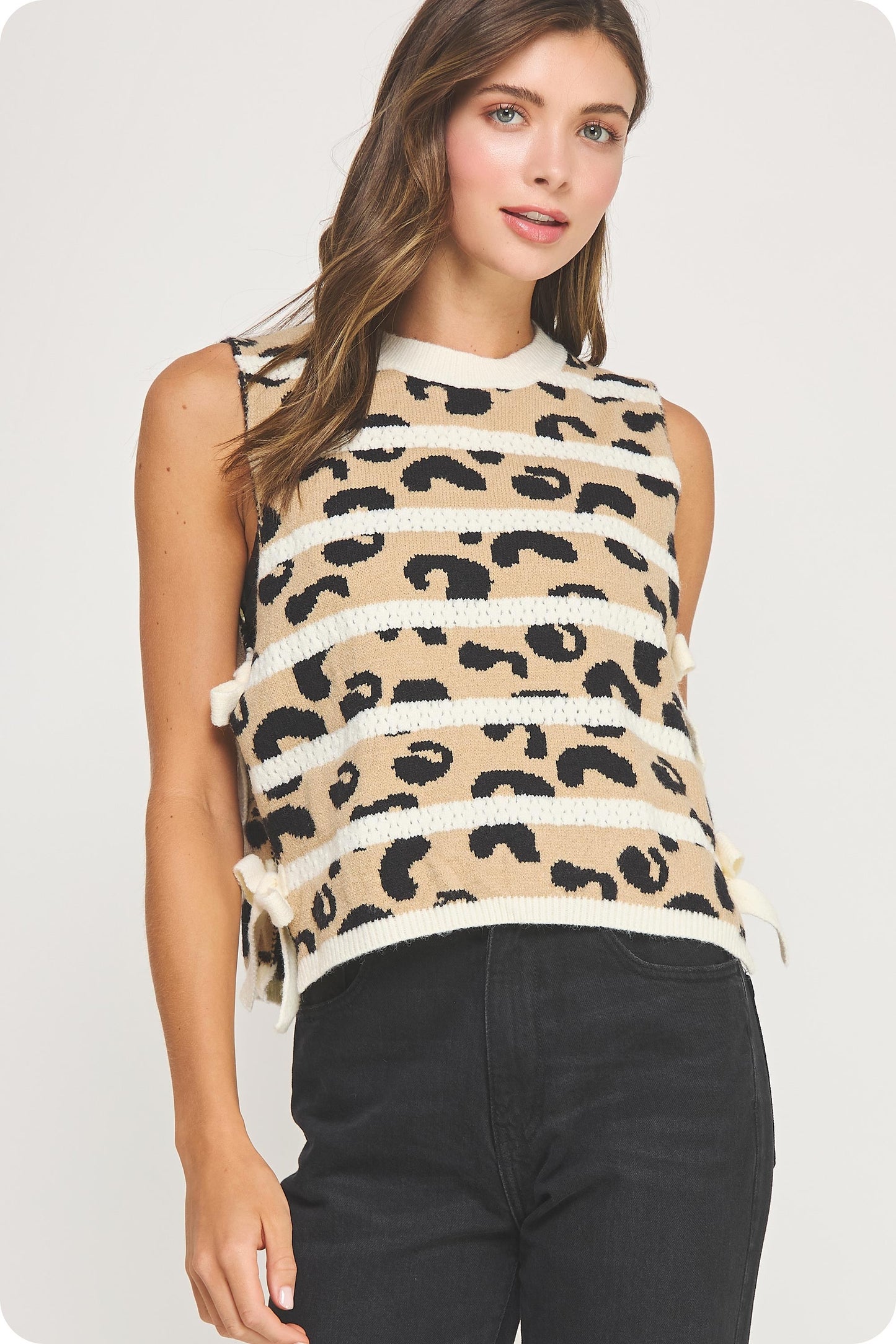 Animal Striped Side Bow Detail Knit Top