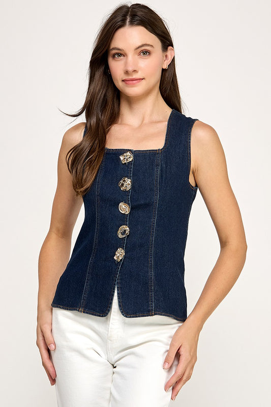 Button Detail Denim Vest