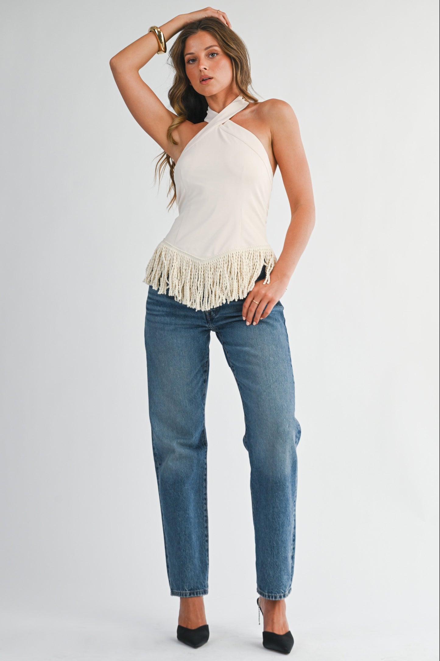 Cream Fringe Halter Neck Top