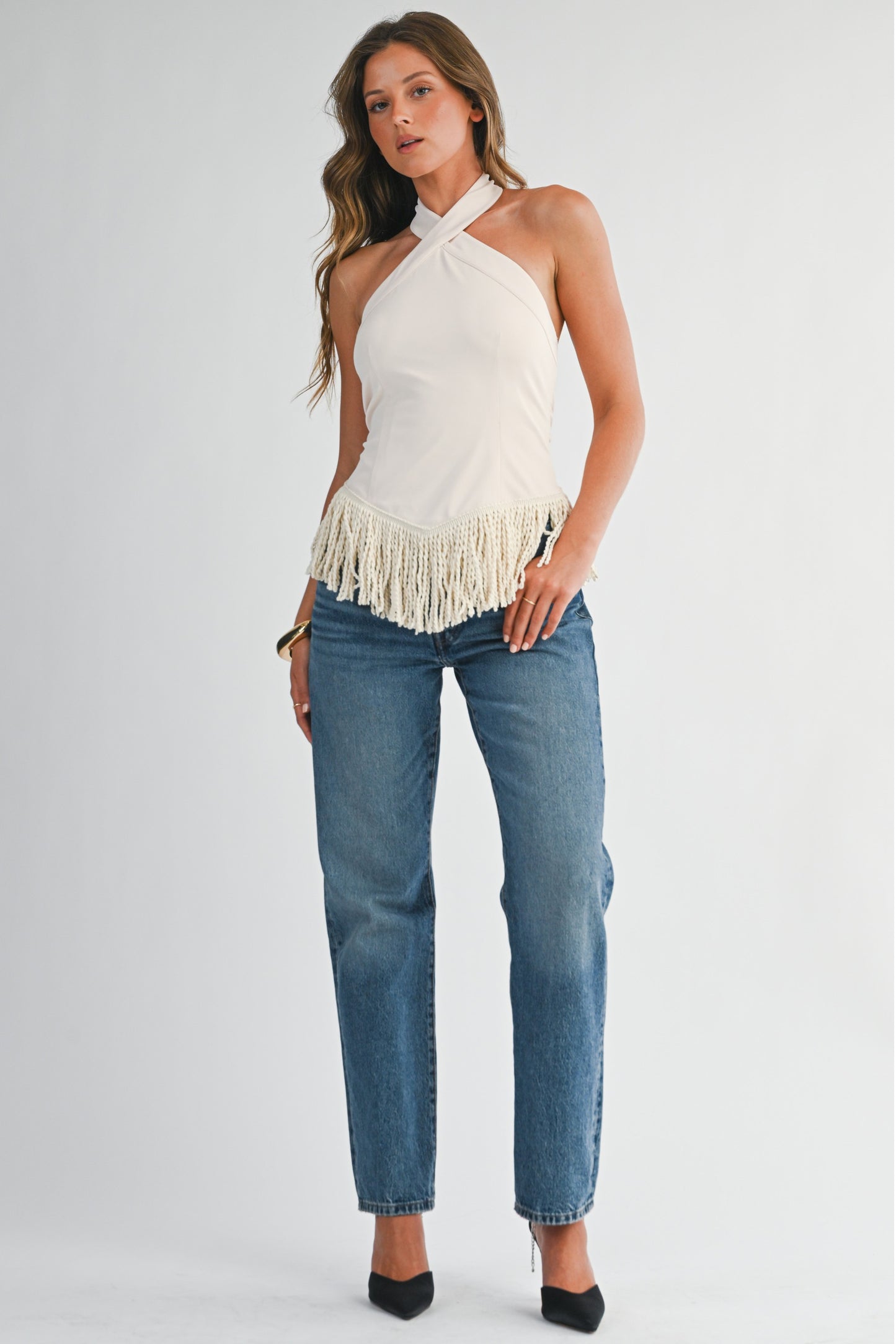 Cream Fringe Halter Neck Top