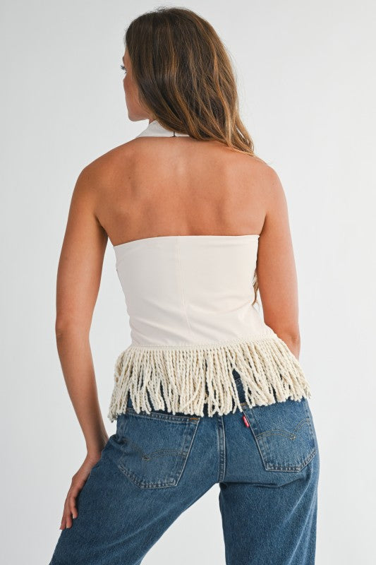 Cream Fringe Halter Neck Top