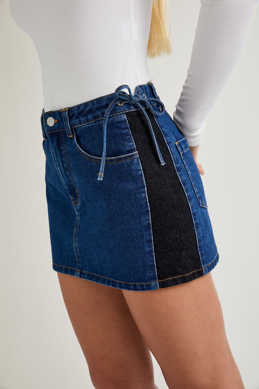 Side Bow Detail & Contrast Denim Mini Skirt