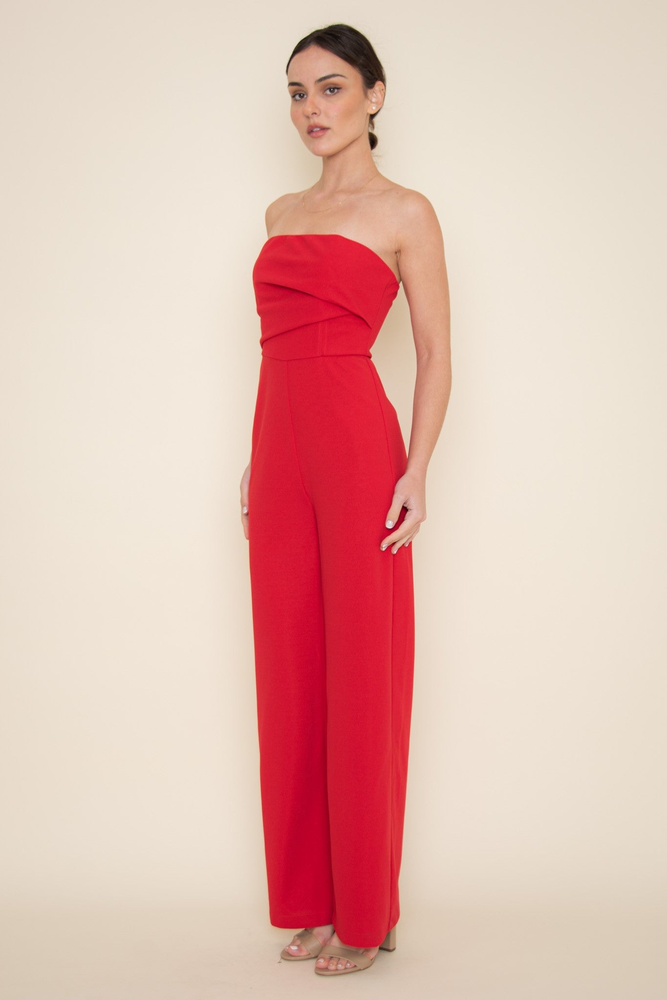 Red Strapless Pleated Jumpsuit