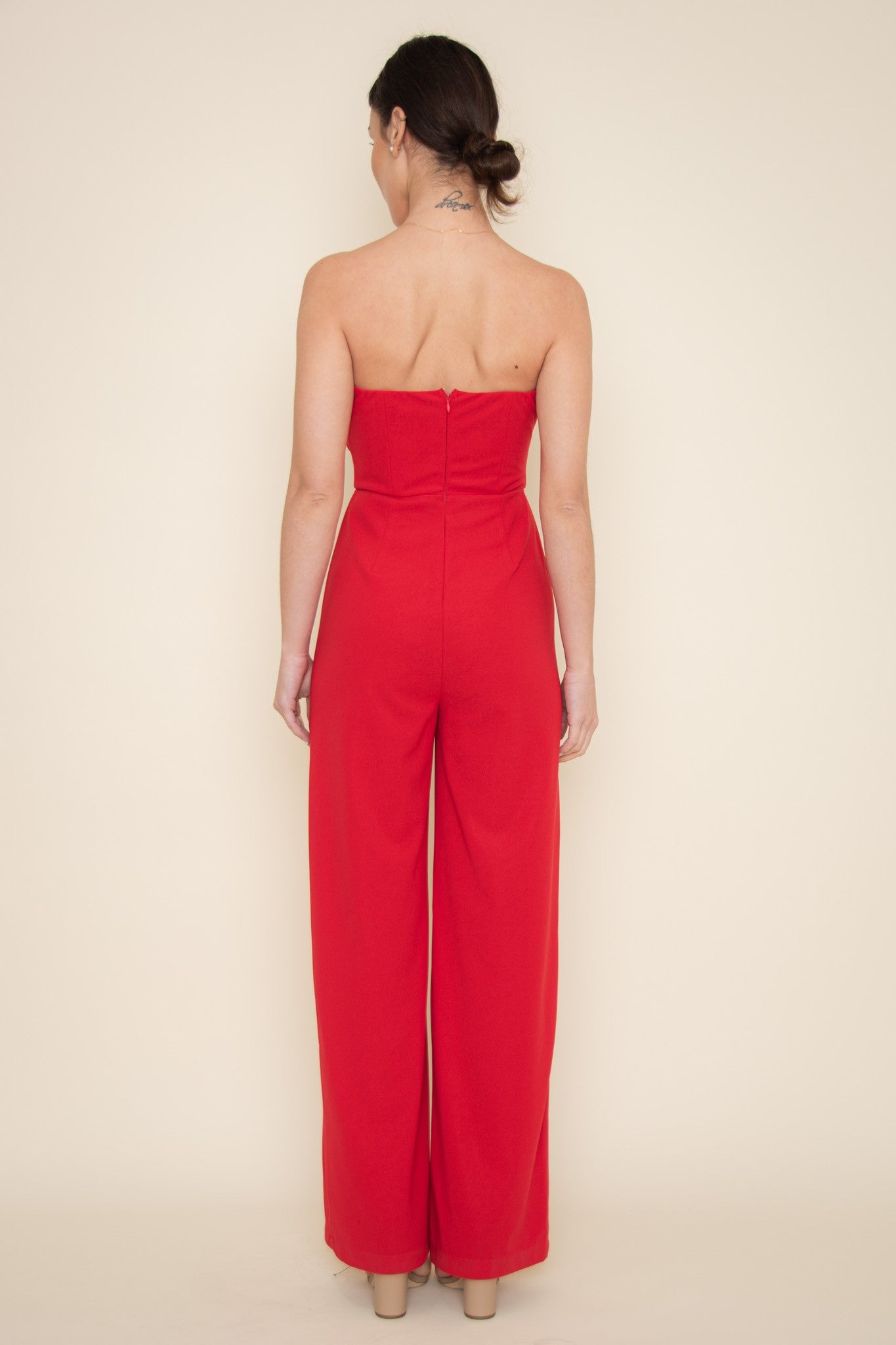 Red Strapless Pleated Jumpsuit