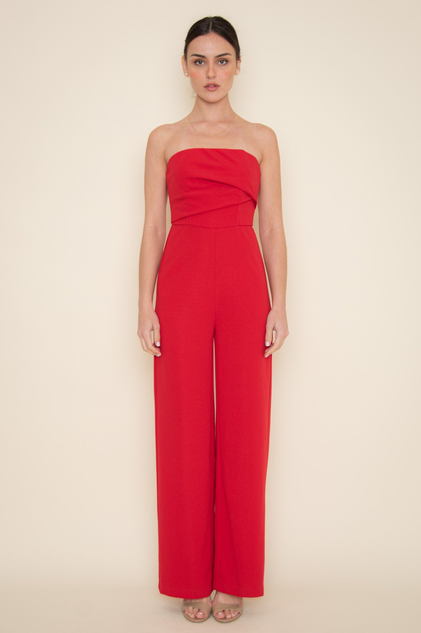 Red Strapless Pleated Jumpsuit