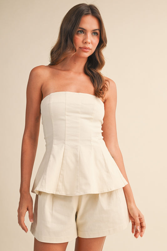 Cream Peplum Tube Top And Shorts