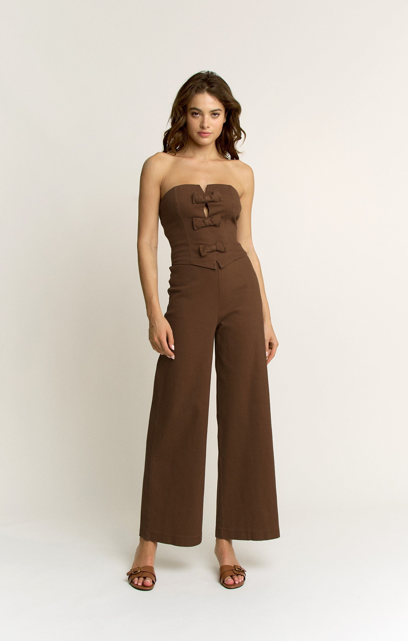 Mocha Strapless Bow Detail Wide Leg Jumpsuit