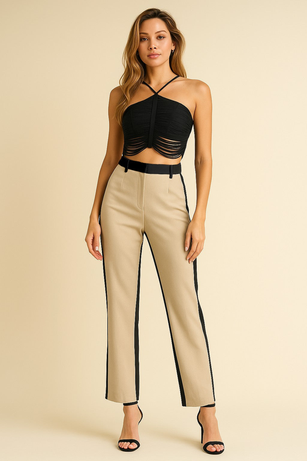 Fringe Halter Crop Top Black