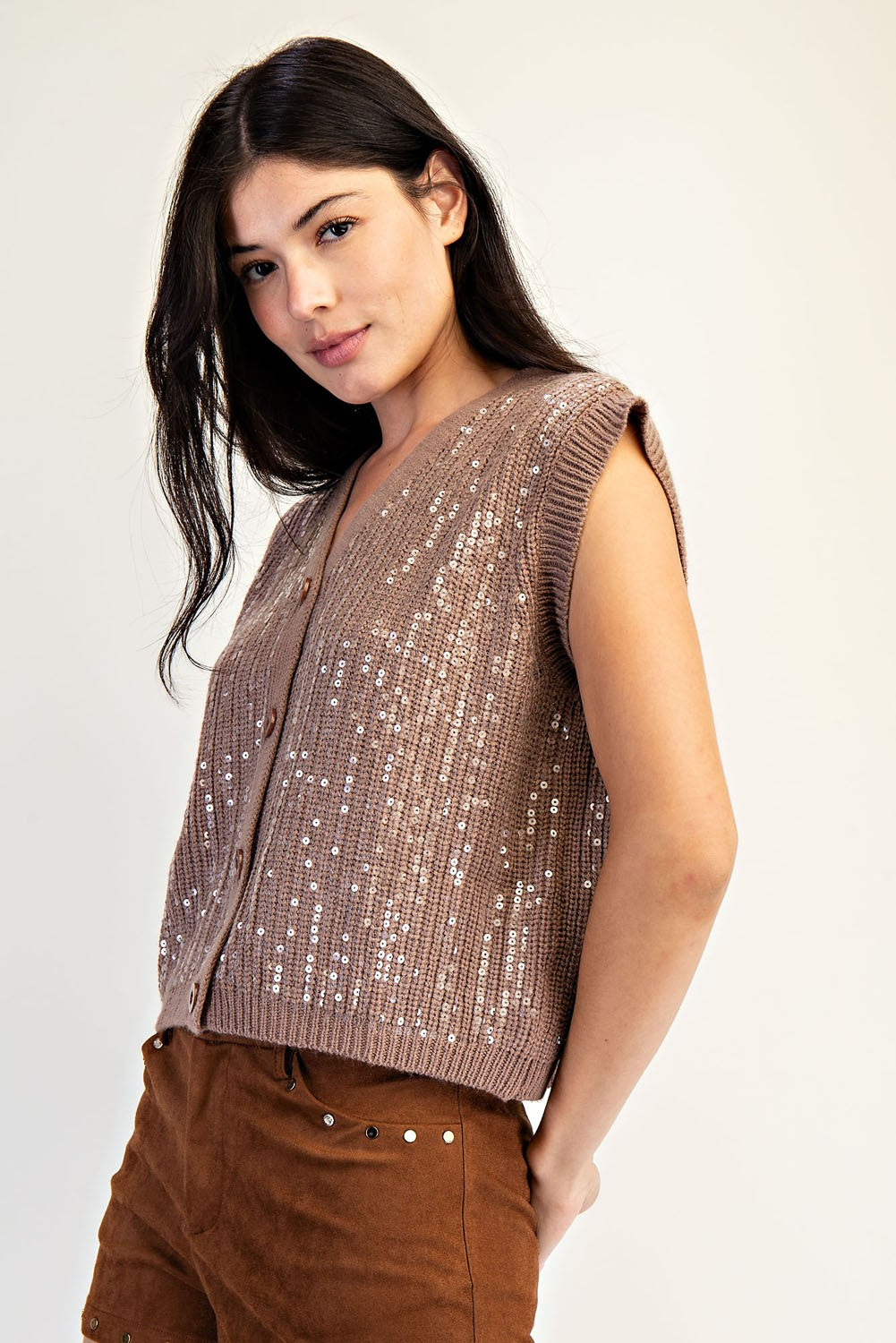 Taylor Sequin Sweater Vest Mocha