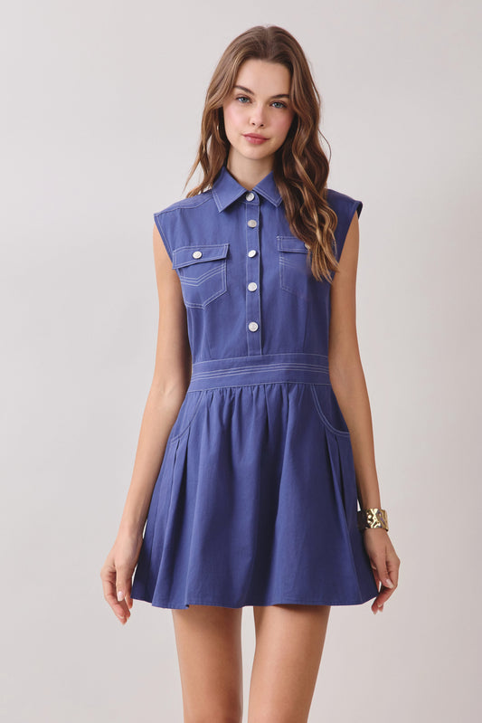 Blue Button Front Shirt Dress