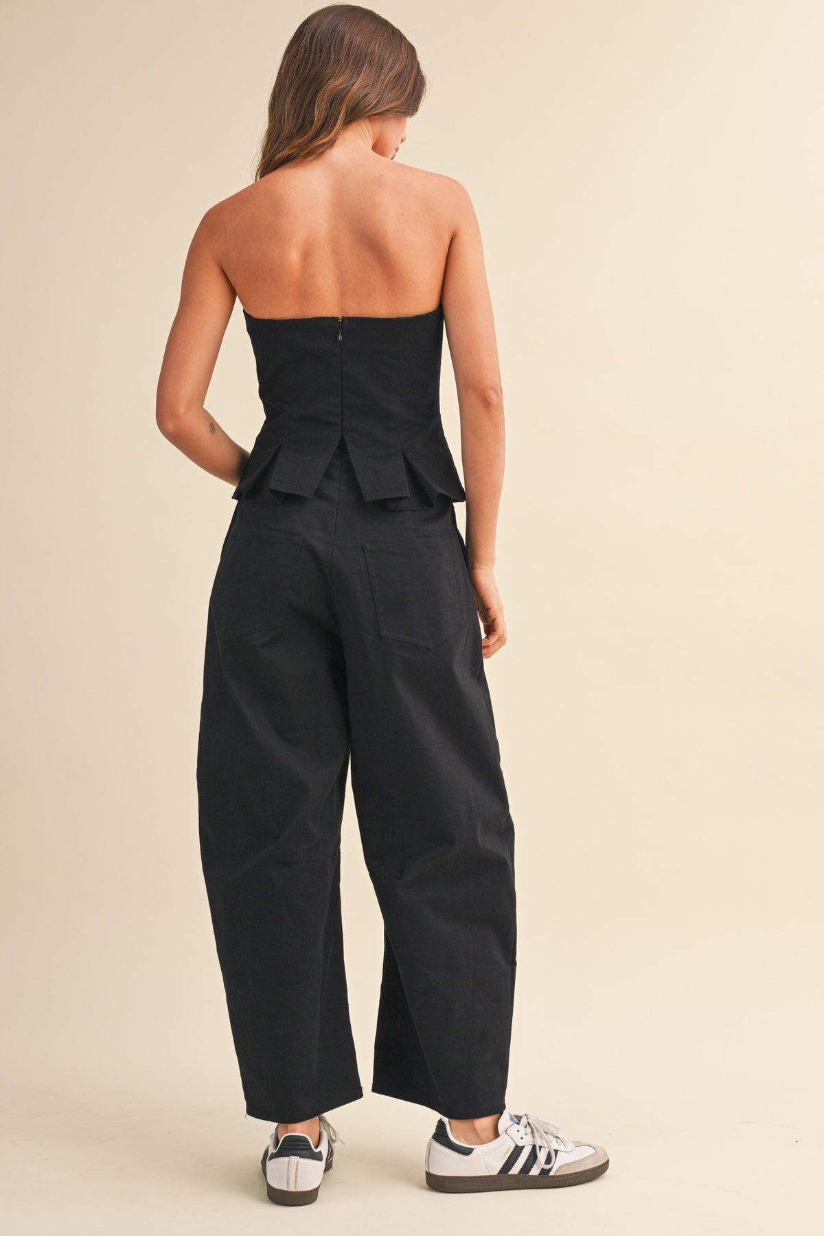 Pleated Strapless Peplum Barrel Jumpsuit