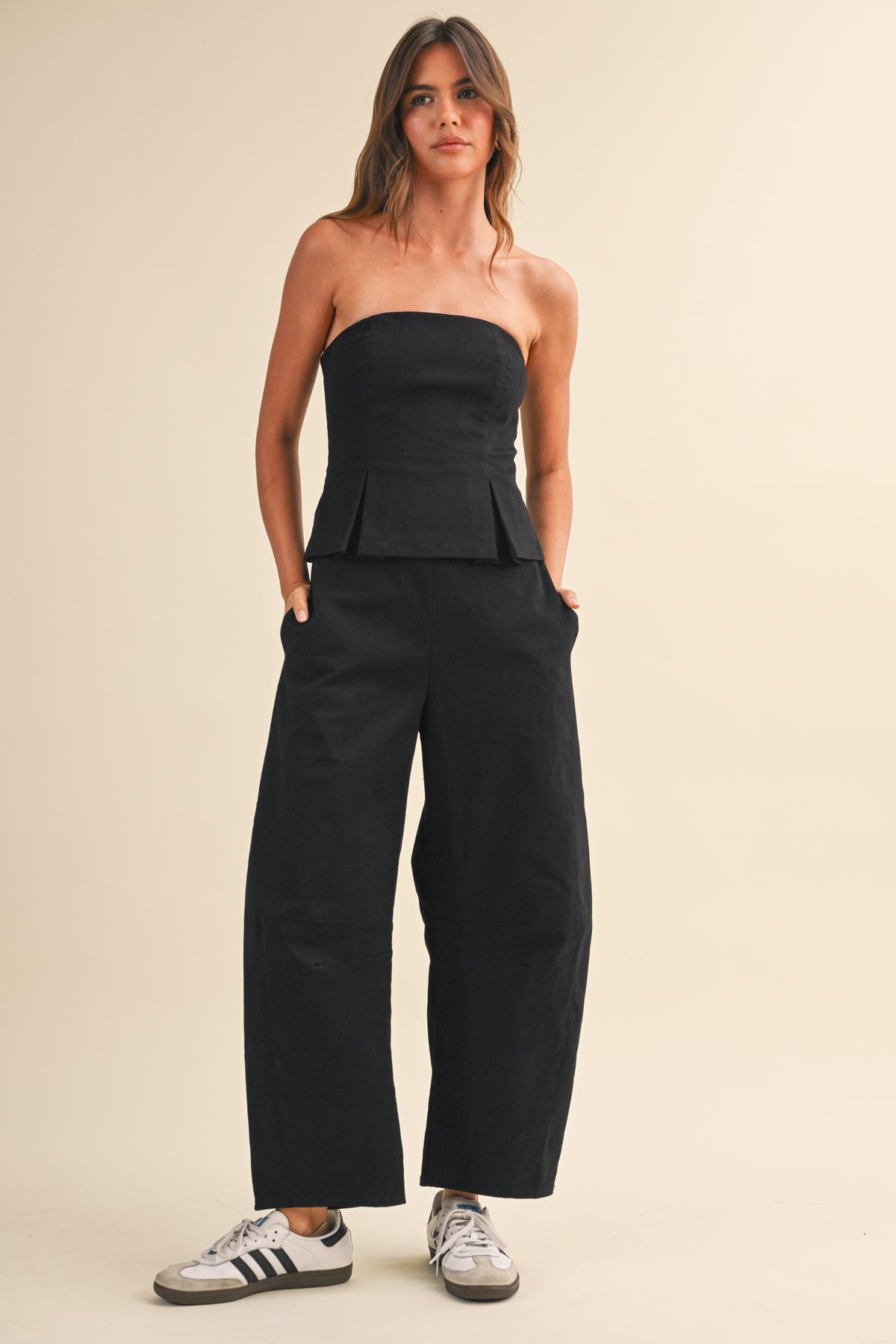Pleated Strapless Peplum Barrel Jumpsuit