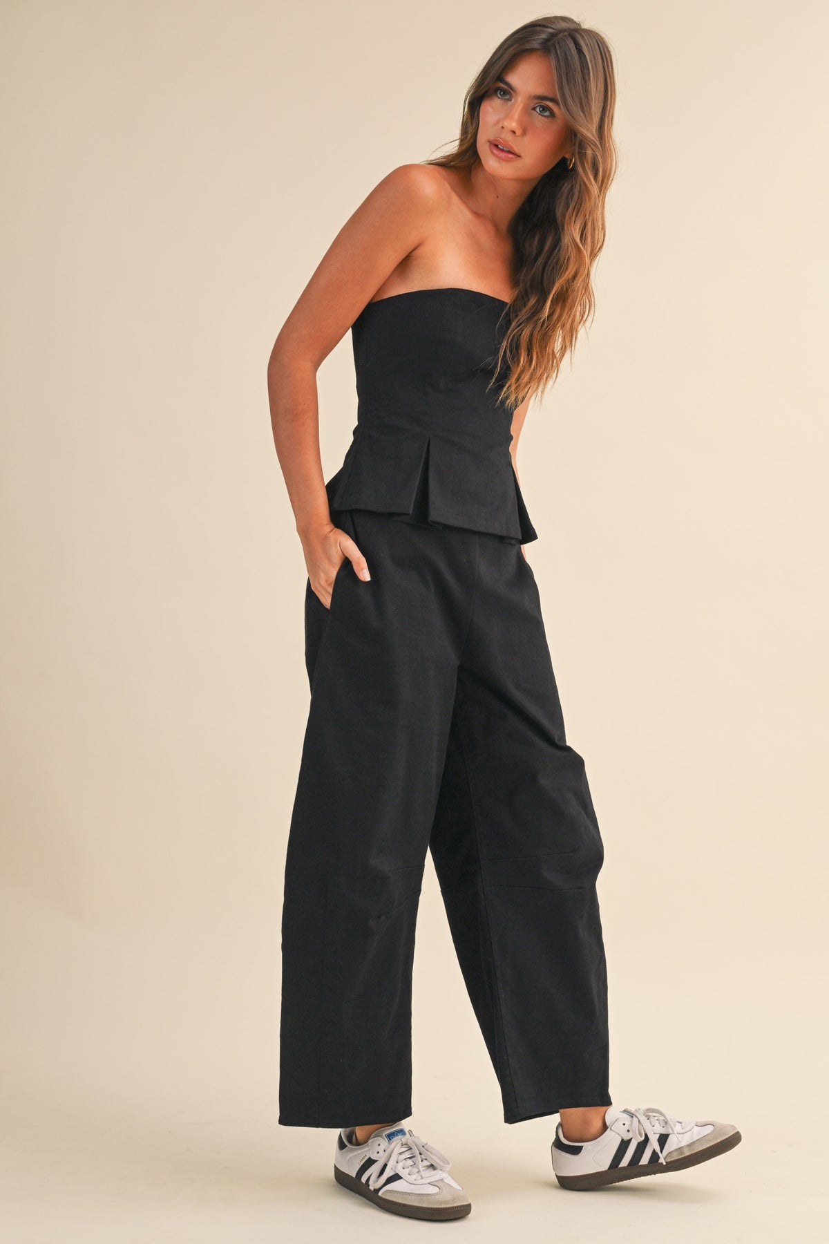 Pleated Strapless Peplum Barrel Jumpsuit