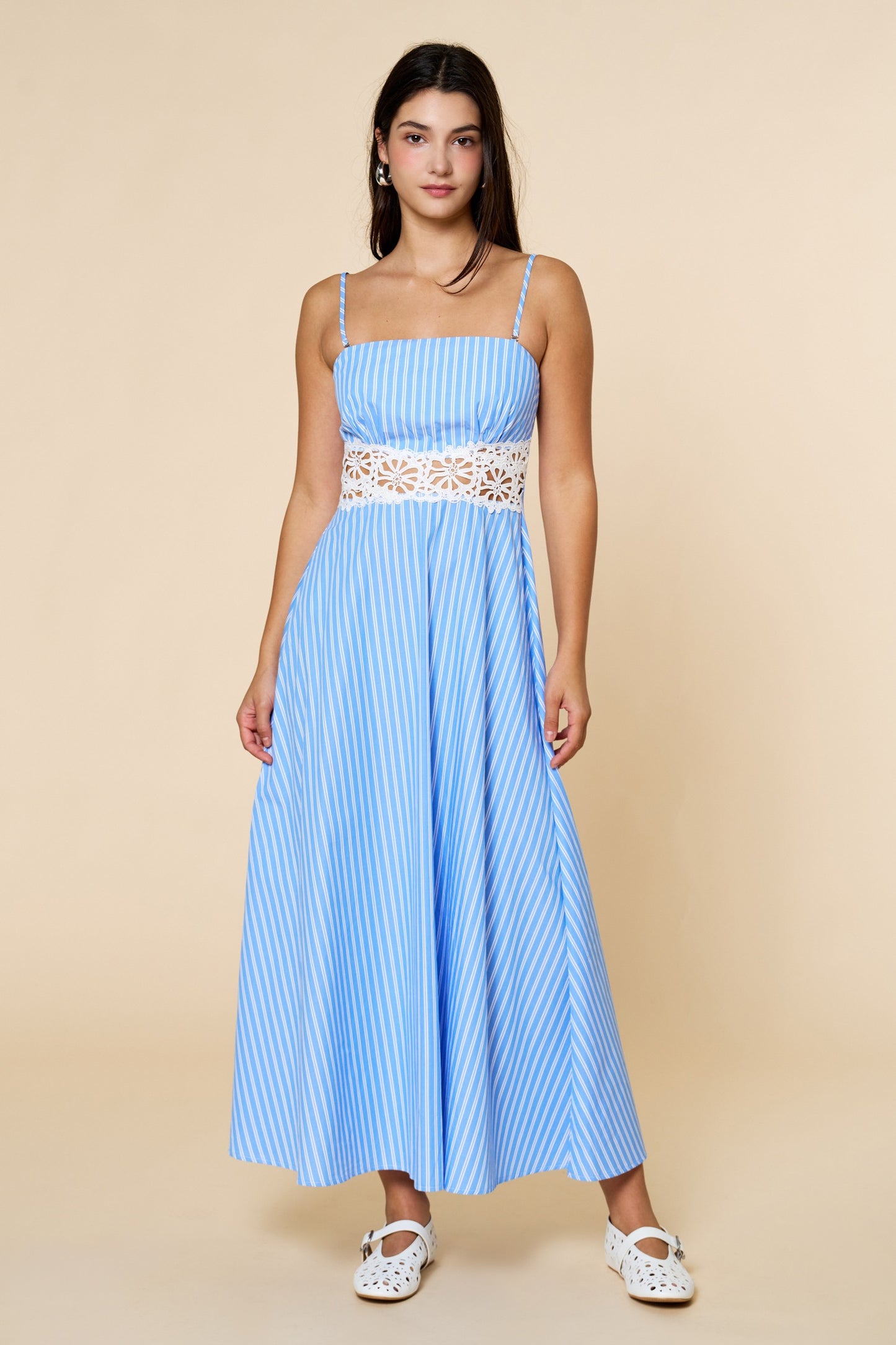 Striped Lace Waist Removable Straps Maxi Dress