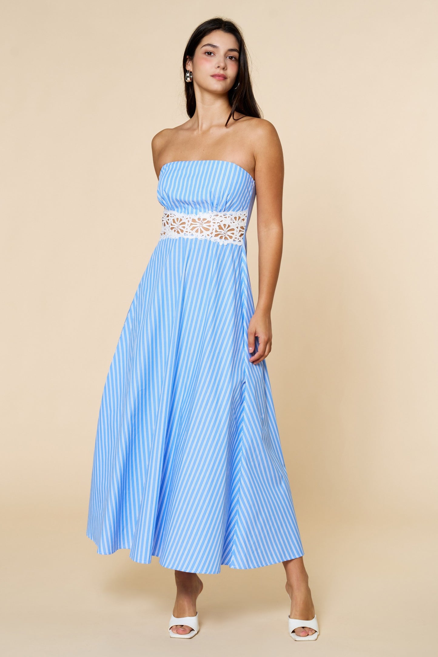 Striped Lace Waist Removable Straps Maxi Dress