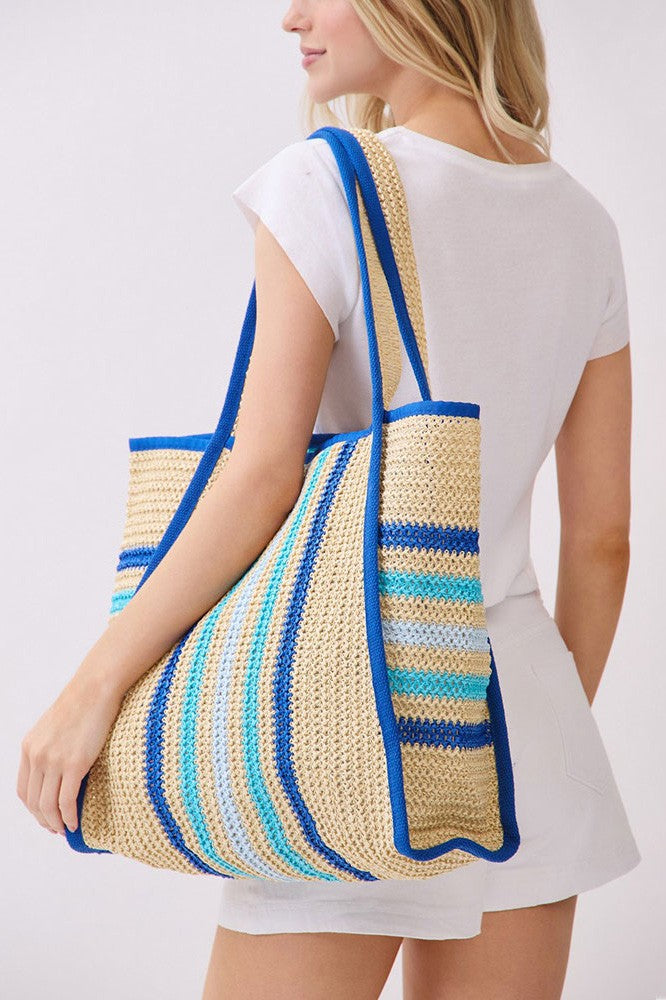 Blue Multi Color Straw Tote Bag
