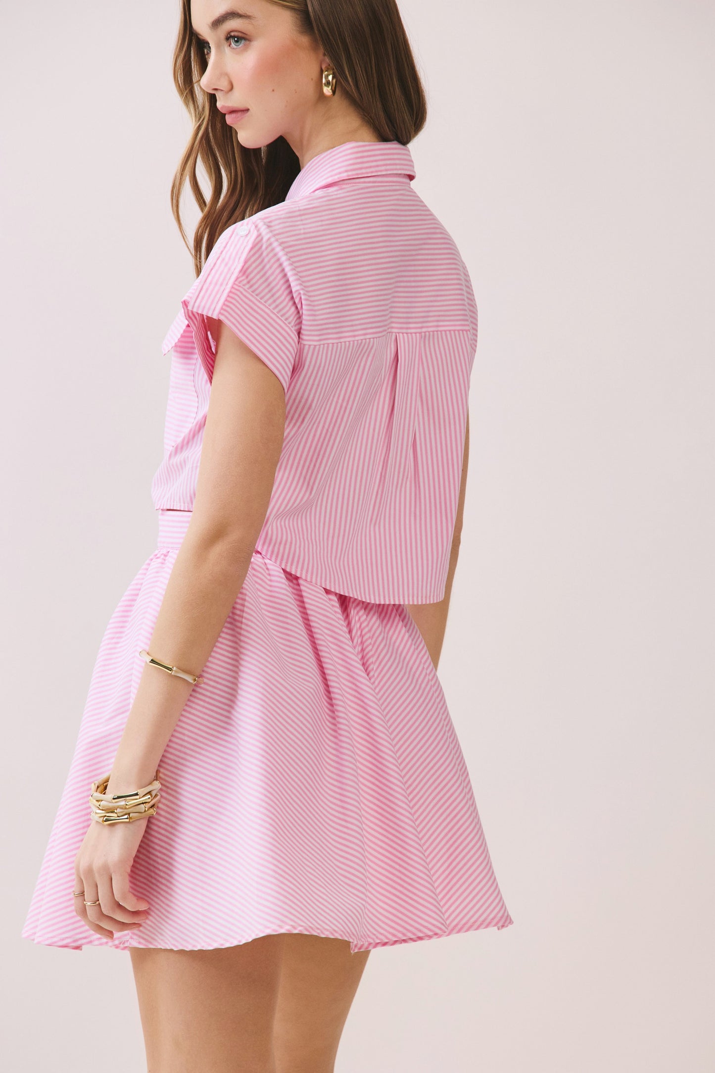 Striped Shirt Cutout Mini Dress Pink