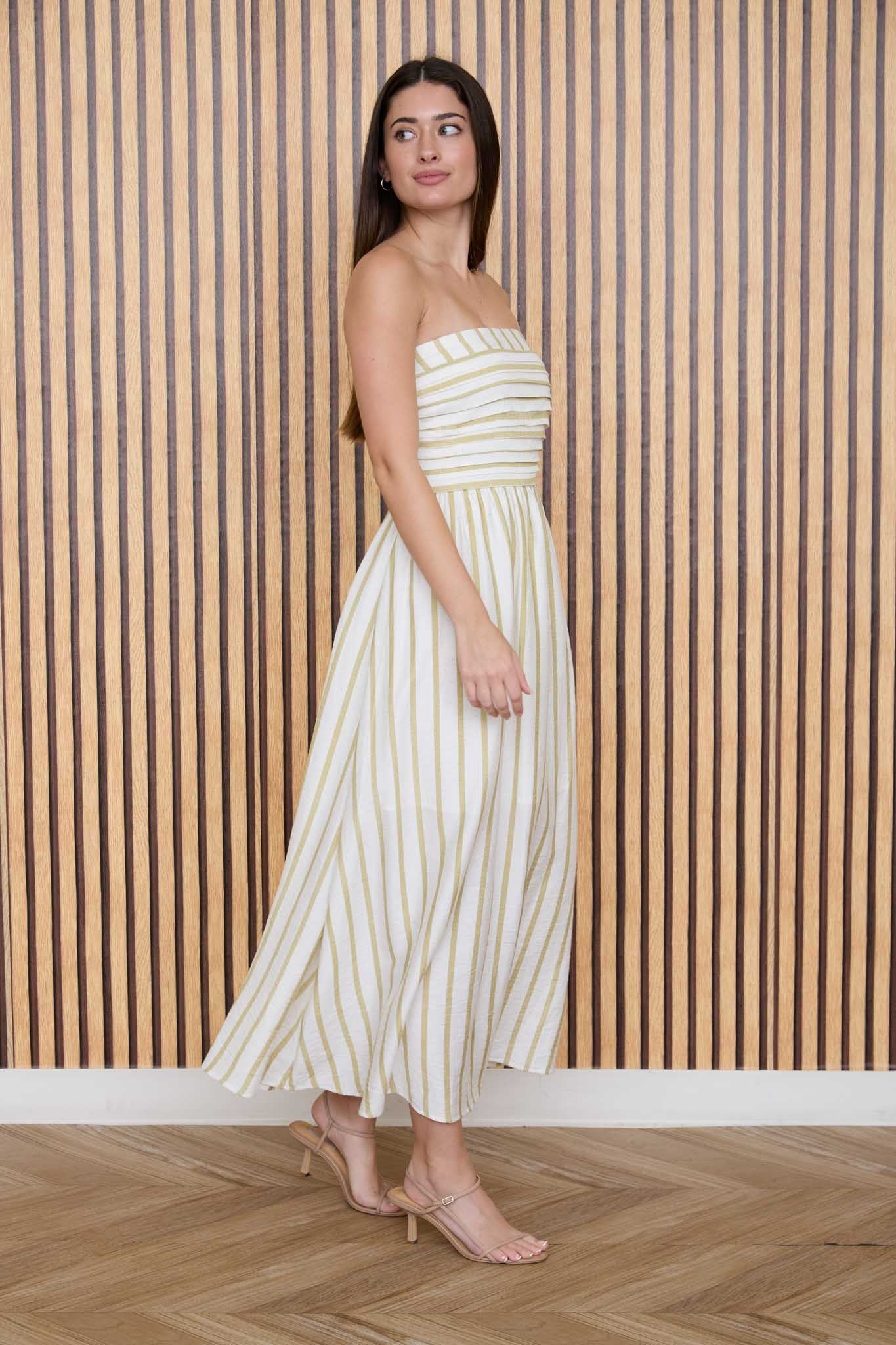 Olive Stripe Linen Midi Dress