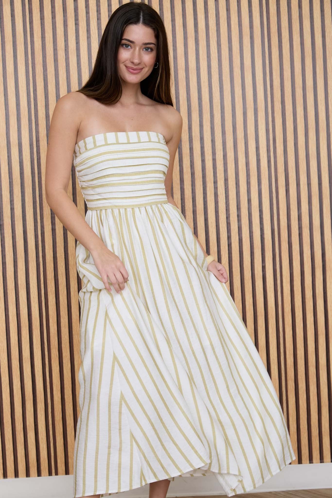 Olive Stripe Linen Midi Dress