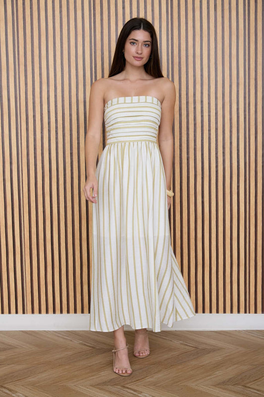 Olive Stripe Linen Midi Dress