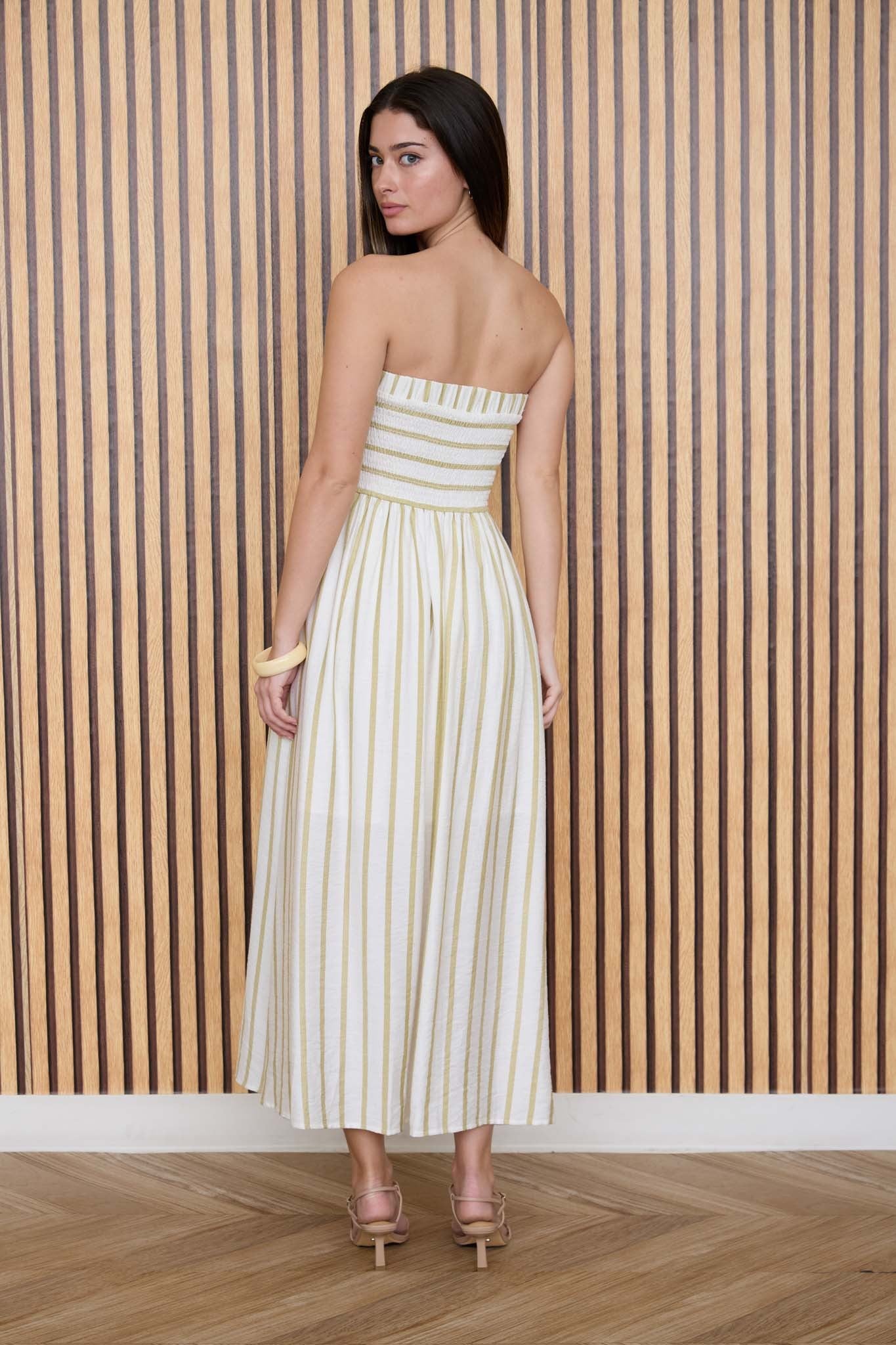 Olive Stripe Linen Midi Dress