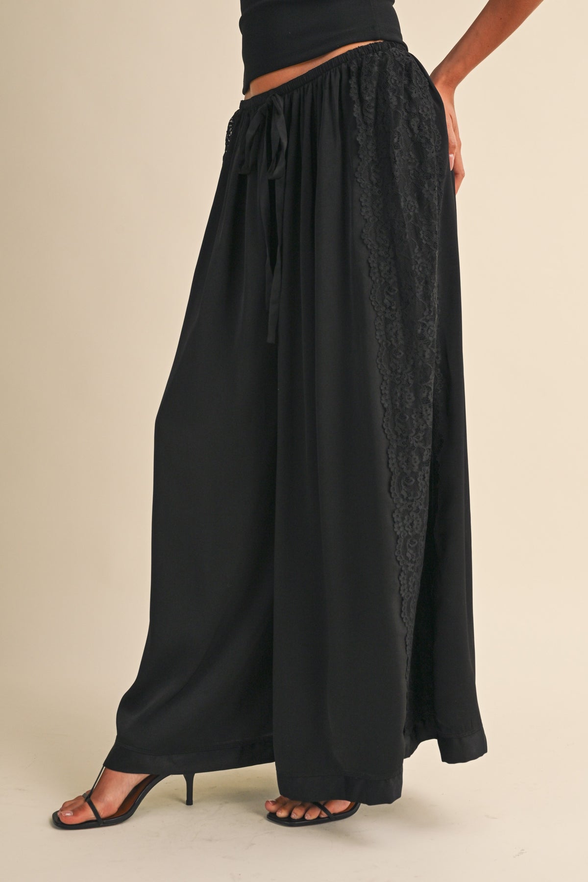 Lace Side Panel Charmeuse Silk Wide Legs Pants
