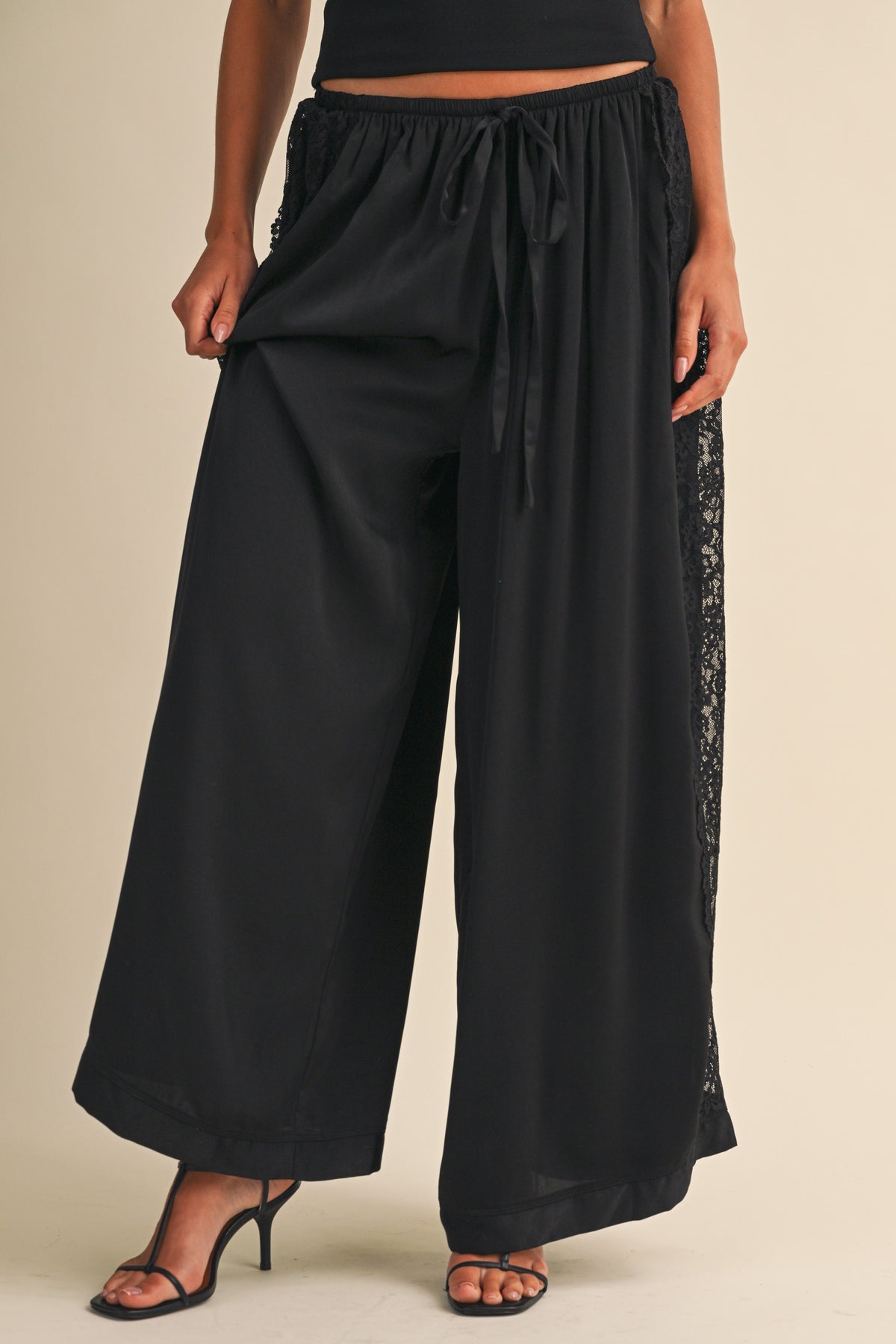 Lace Side Panel Charmeuse Silk Wide Legs Pants