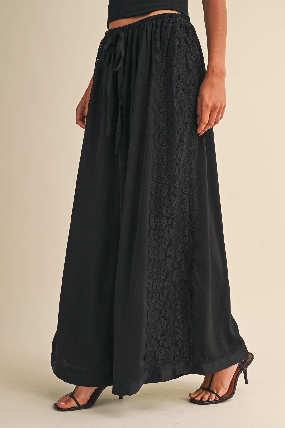 Lace Side Panel Charmeuse Silk Wide Legs Pants