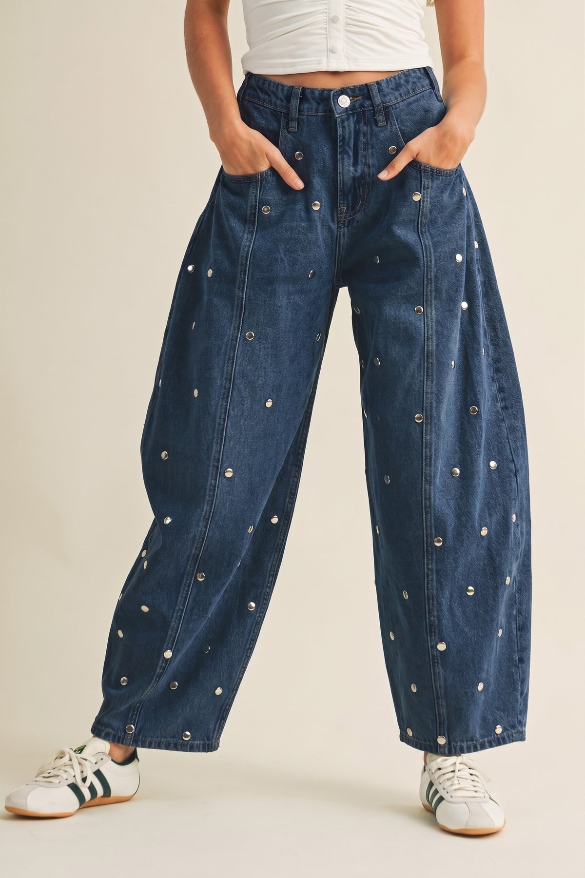 Studded Barrel Denim Pants
