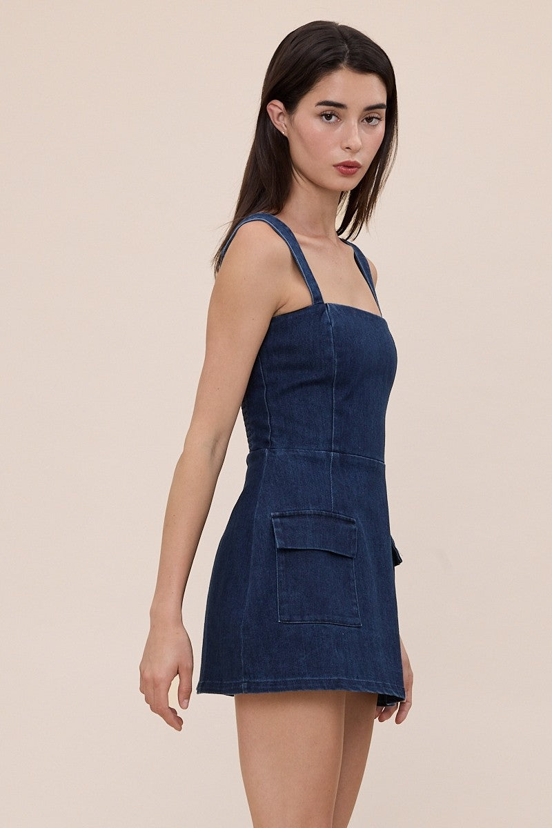 Denim Square Neck Plain Romper
