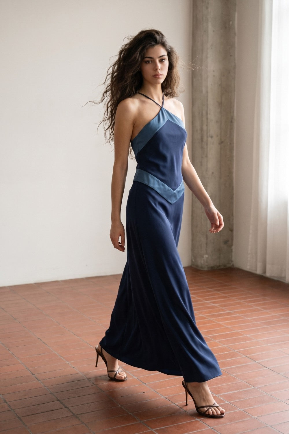 Navy Contrast Satin Halter Dress
