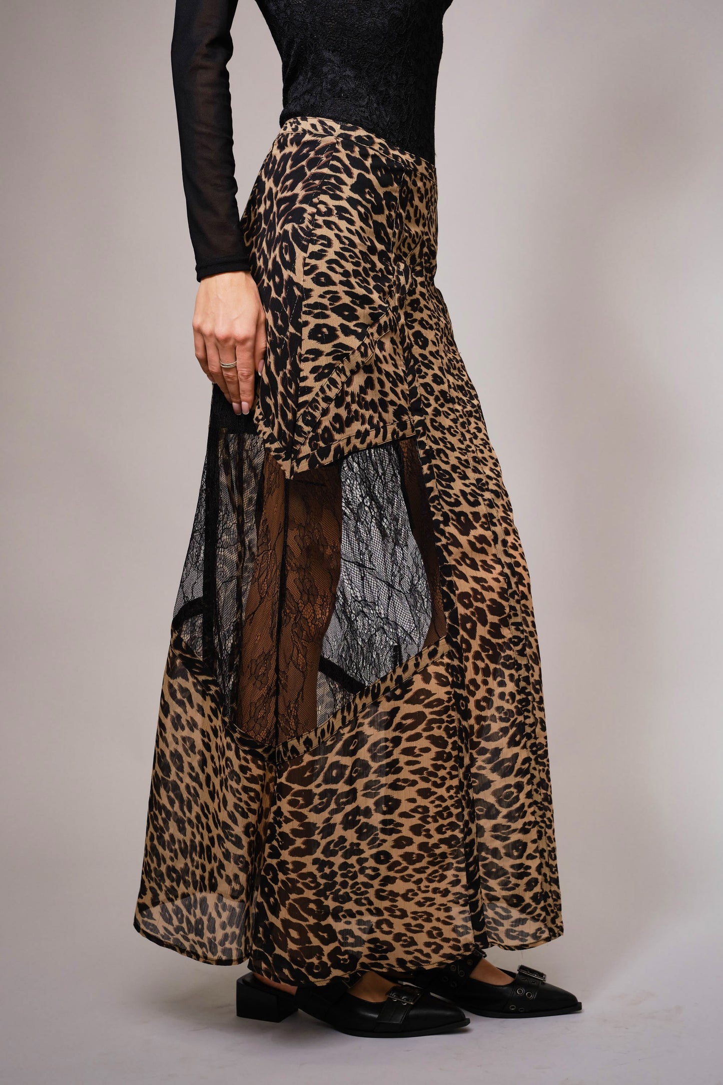 Leopard Lace Panel Maxi Skirt
