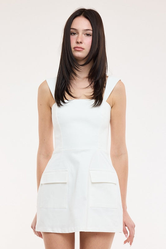 White Denim Square Neck Plain Romper Dress