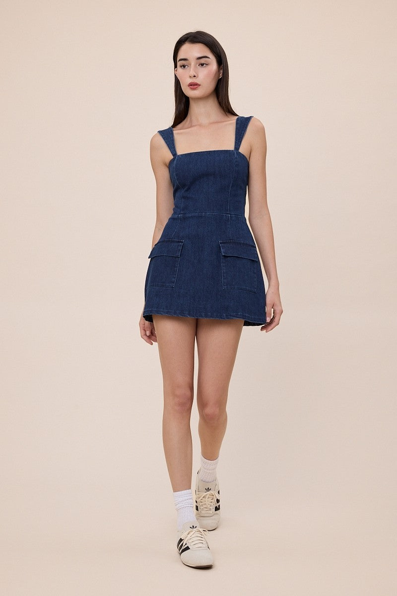 Denim Square Neck Plain Romper