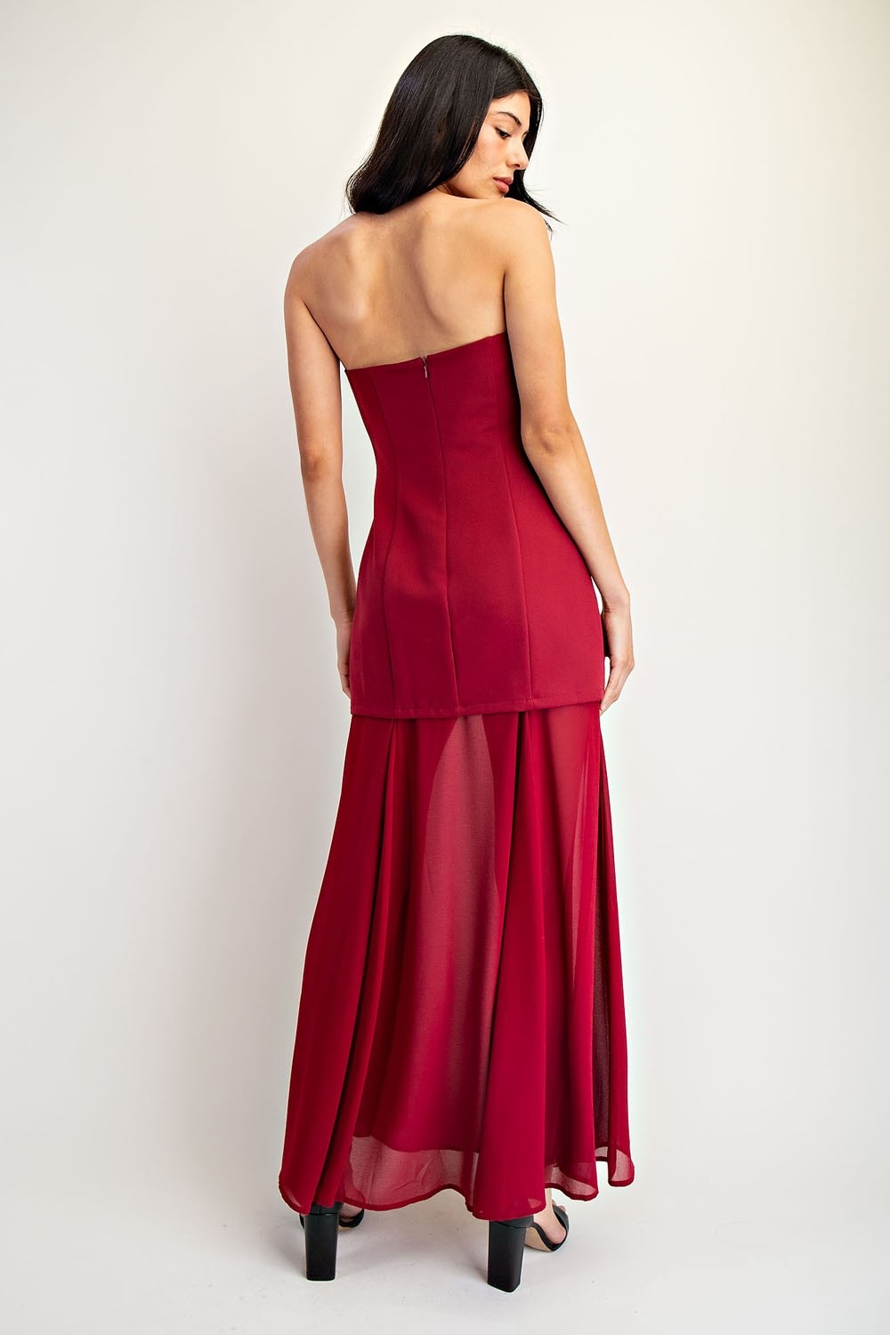 Berry Contrast Strapless Maxi Dress
