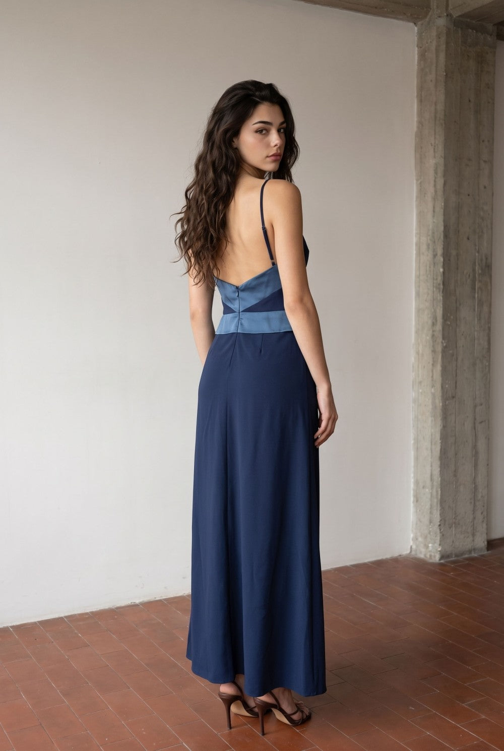 Navy Contrast Satin Halter Dress