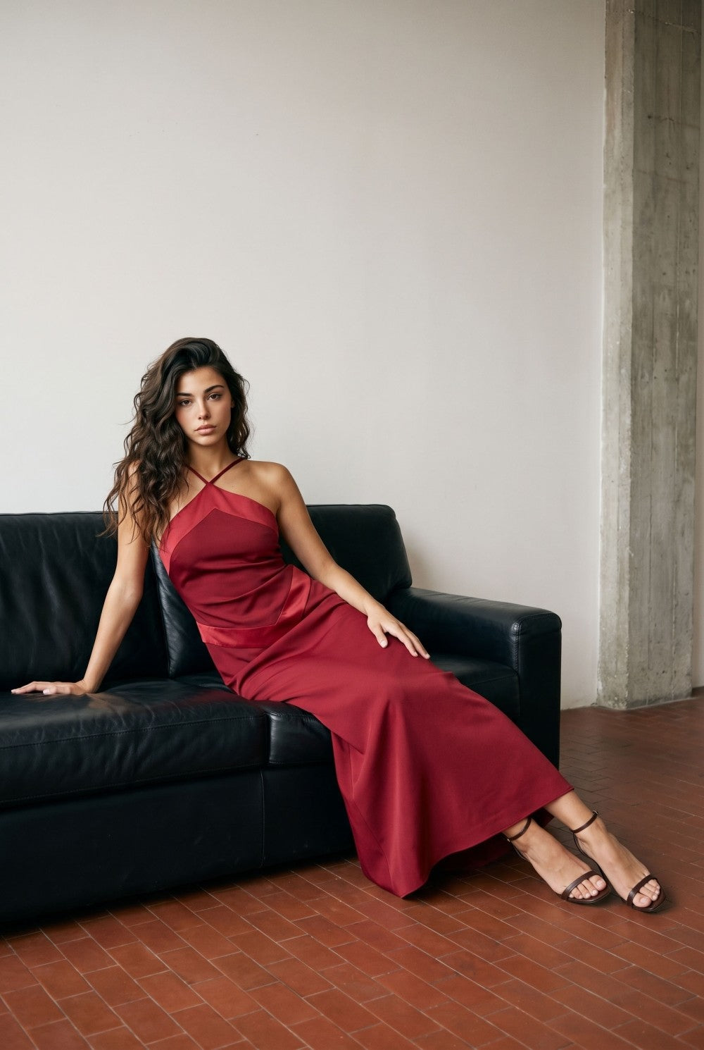 Deep Red Contrast Satin Halter Dress