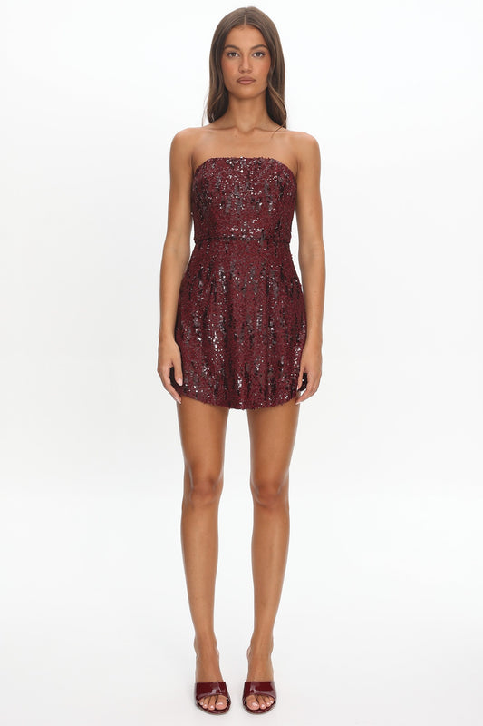 Wine Strapless Sequin Mini Dress