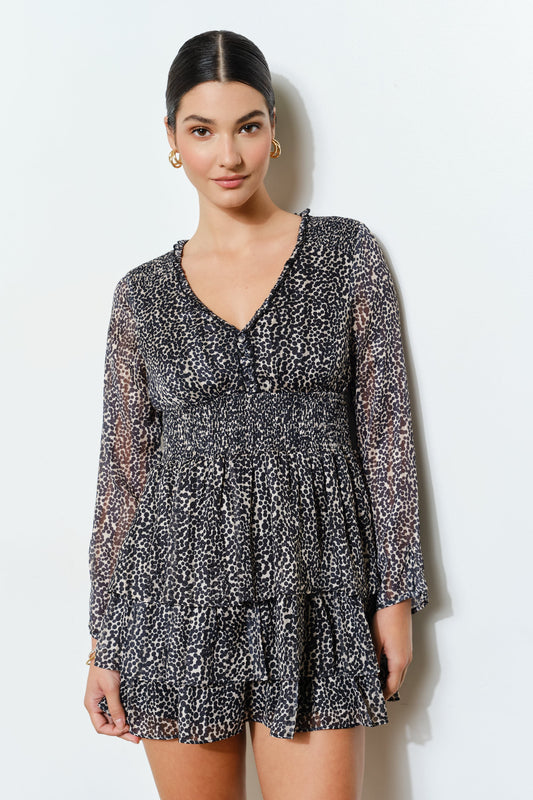 Animal Print Metallic Glitter Ruffled Tiered Dress