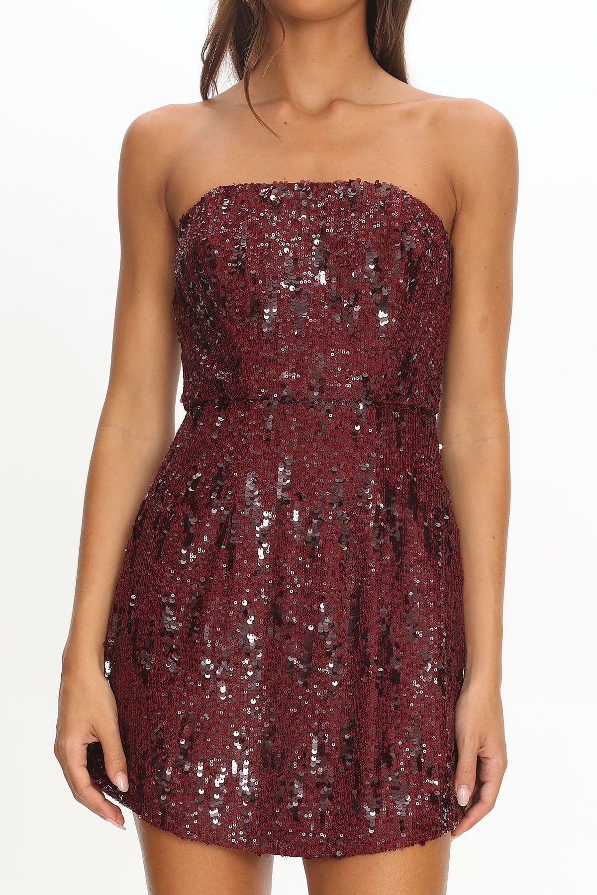 Wine Strapless Sequin Mini Dress